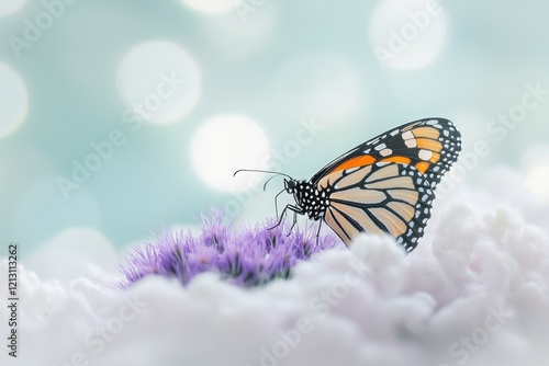 A monarch butterfly delicately perched on a purple flower, amidst a soft, white, dreamy background. photo