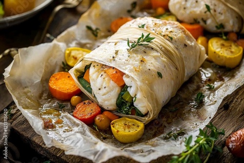 Delicious baked fish is elegantly wrapped in parchment paper alongside fresh vegetables like carrots and zucchini. The rustic wooden table adds warmth to the meal presentation photo