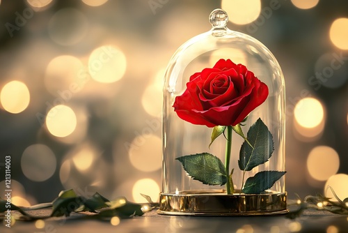 Red glowing rose in transparent glass on lights background photo