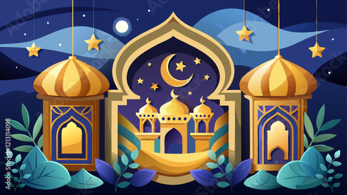Ramadan Kareem posters set, gold 3d arabian windows on color background, arabesque pattern. Vector illustration. Place for text. Night moon, mosque dome, desert and lanterns paper cut landscape