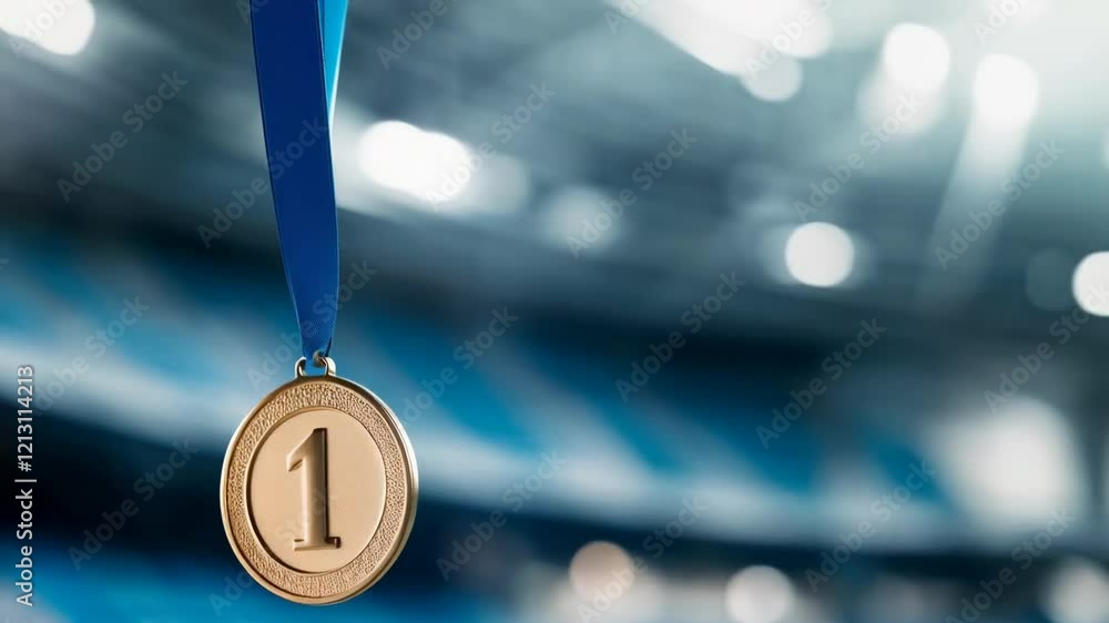 Celebrating victory with a gold medal at a championship event in a large arena