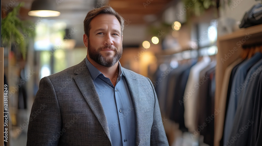 Obraz premium Overweight Man Smiling Confidently While Shopping for Clothes in a Stylish Boutique Setting During Daytime