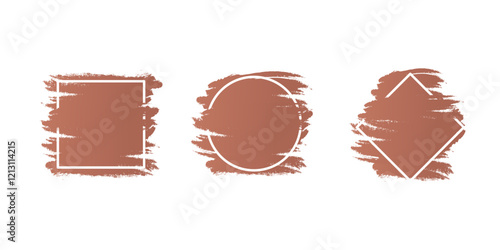 Decorative white line frames with mocha mousse, brown color background for note text. Abstract monochrome design, copy space. Grunge paintbrush and rectangle, circle, square shape. Vector illustration
