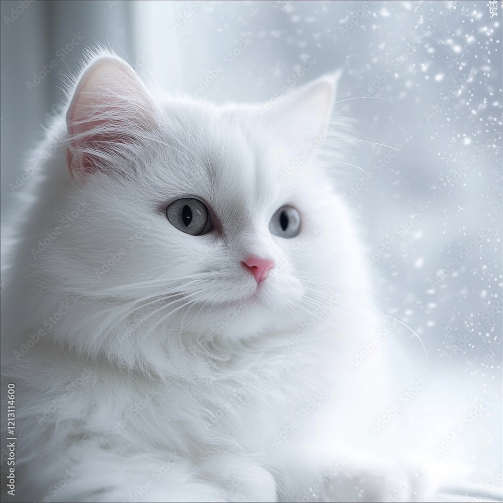 A fluffy white cat with striking blue eyes sits by a window, mesmerized by softly falling snowflakes during a serene winter afternoon, creating a calm atmosphere A fluffy white cat with striking blue eyes sits by a window, mesmerized by softly falling snowflakes during a serene winter afternoon, creating a calm atmosphere