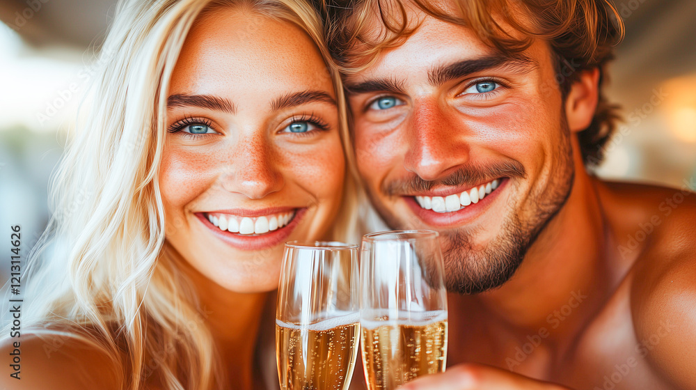 Couple celebrating with glasses of champagne at a beachside location during sunset Couple celebrating with glasses of champagne at a beachside location during sunset