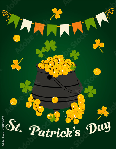 St. Patrick's Day banner. Holiday card, poster, placard. Irish national holiday. Cauldron with gold coins and clover. 