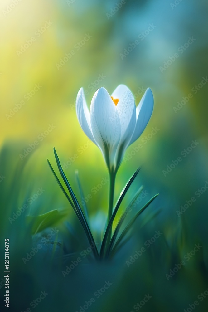 Fototapeta premium Beautiful white spring flower on blurred green background