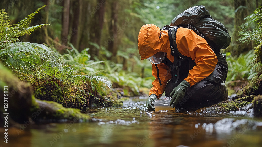 A scientist in protective gear collecting water samples from a forest stream, highlighting environmental research and fieldwork in pristine natural surroundings. A scientist in protective gear collecting water samples from a forest stream, highlighting environmental research and fieldwork in pristine natural surroundings.