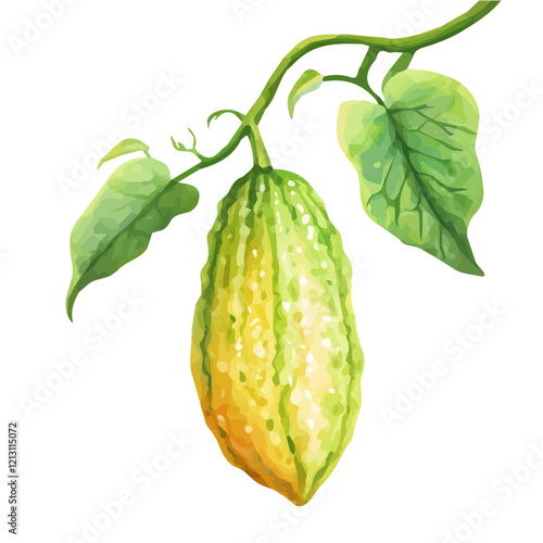 Bitter Melon Vine with Fruit – Detailed Watercolor Botanical Illustration, Exotic Vine Plant Painting, Nature-Inspired Artwork, Vibrant and Unique Bitter Melon Design.  
