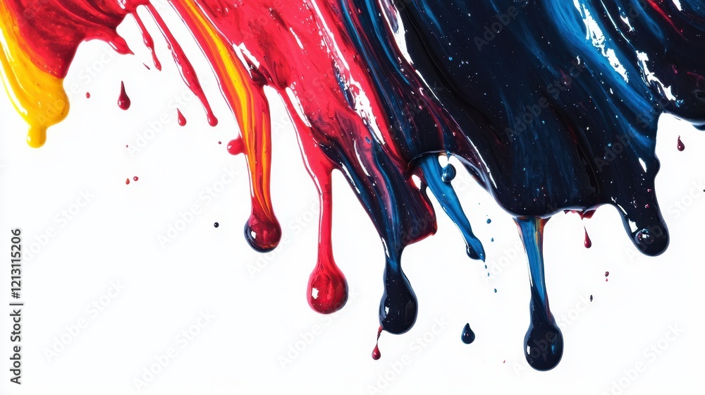 Bright hues of red, blue, and yellow paint cascade down a white surface, forming an engaging abstract pattern that showcases creativity and artistic expression Bright hues of red, blue, and yellow paint cascade down a white surface, forming an engaging abstract pattern that showcases creativity and artistic expression