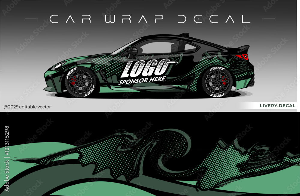 Fototapeta premium Car wrap design vector with black and green colour. Livery abstract decal template. Editable vector suitable for racing, rally or daily use