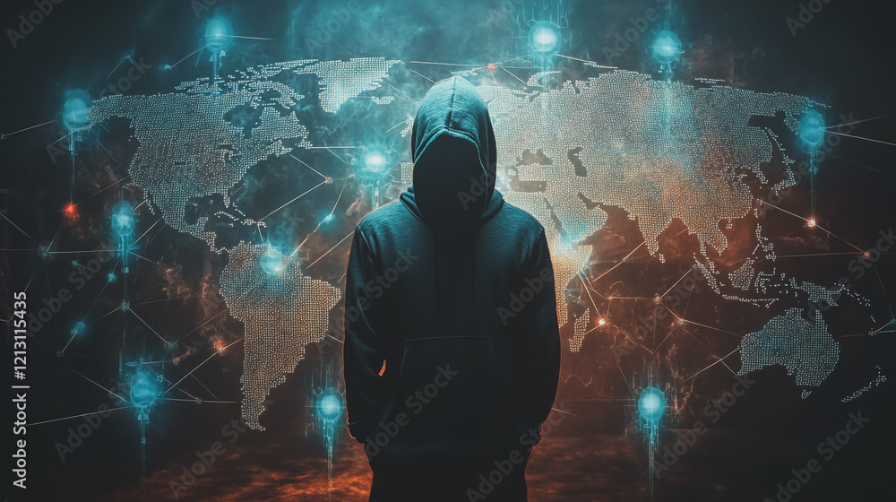 Obraz premium Hacker are planning to hack and attack networks and cyber security systems.team people innovation connection of line from nail node to node on map background , networking concept