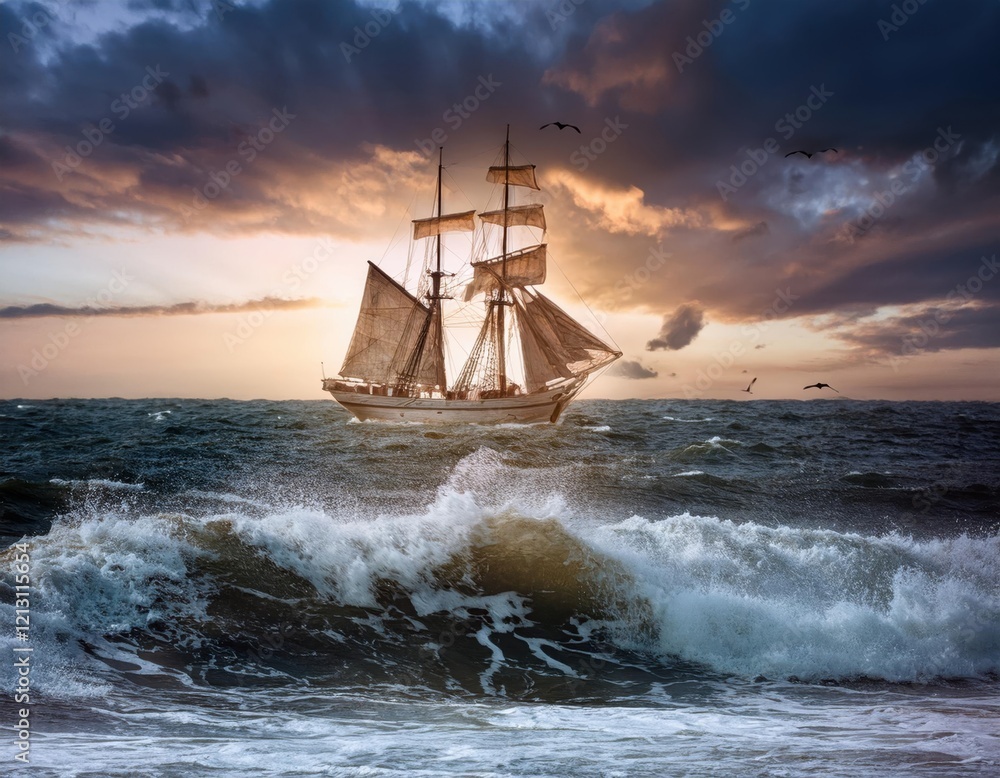 Fototapeta premium Firefly sailing through stormy waves at sunset creating a dramatic seascape