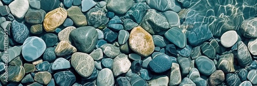 Assorted river rocks underwater with sunlight reflecting on natural stones