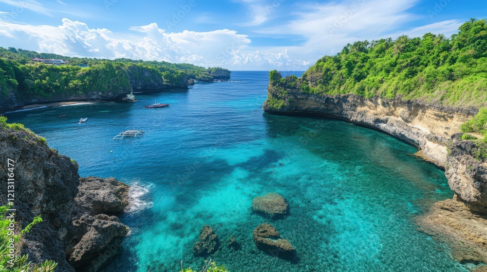 Fototapeta premium Beautiful Tropical Coastal Scene Featuring Turquoise Waters and Lush Green Cliffs