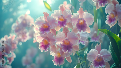 A cluster of pink and purple orchids thriving in a hanging garden, with a gentle breeze swaying their petals, during a bright afternoon