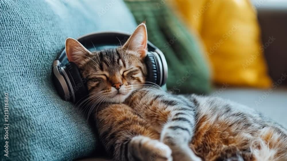 Charming cat enjoying music while relaxing on a cozy couch Charming cat enjoying music while relaxing on a cozy couch