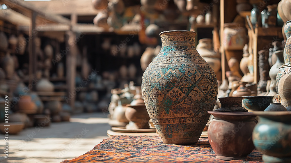 A collection of ancient pottery displayed on vibrant handmade rugs in a sunny outdoor marketplace, highlighting cultural heritage and traditional artistry. A collection of ancient pottery displayed on vibrant handmade rugs in a sunny outdoor marketplace, highlighting cultural heritage and traditional artistry.