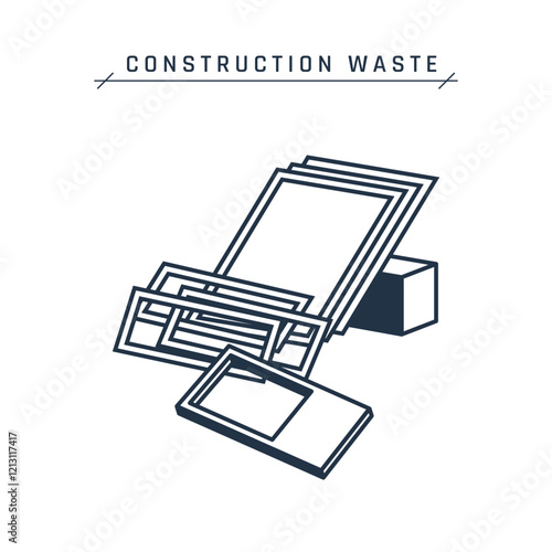 Window reconstruction waste. Stack of old frames. Construction debris. Demolition garbage on a site or landfill. Home renovation rubbish. Vector flat icon isolated on a white background.
