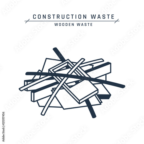 Wood construction waste. Pile of wooden scrap. Old timbers, broken lumber, boards, beams, slabs, sheets. Demolition garbage on a site or landfill. Vector flat icon isolated on a white background.