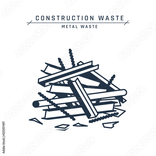 Construction metal waste. Steel scrap. Pile of iron, aluminum, copper, zinc, debris. Demolition garbage on a site or landfill. Home renovation trash. Vector flat icon isolated on white background.