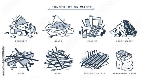 Construction waste. Piles of building scrap. Concrete, glass, plastic, wooden, metal, renovation, roofing, loose trash. Industrial demolition garbage on a jobsite. Vector icon pack in flat style.
