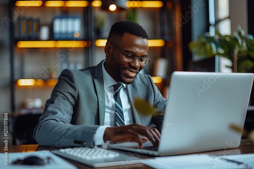 Joyful African Entrepreneur Reviewing Laptop for Invoice Calculation in the Workplace photo