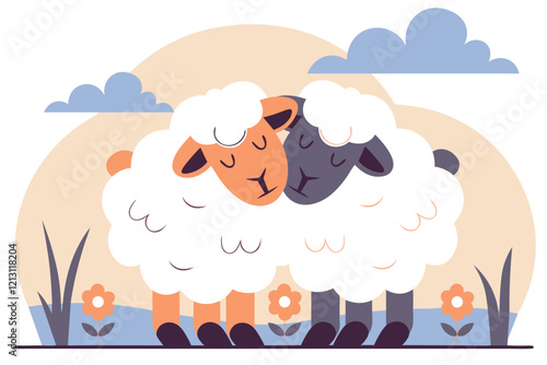 Pair of cute sheep grazing in a field. Valentine's day animal couple. Vector illustration