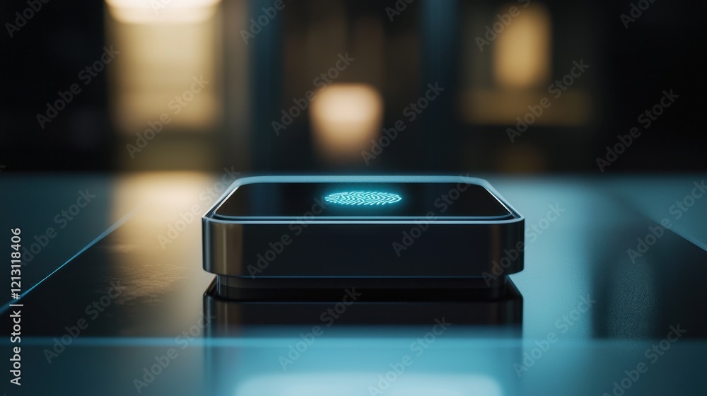 A sleek technological device glows with a blue light, showcasing its advanced features. The environment is minimalistic and contemporary, with soft illumination enhancing the atmosphere A sleek technological device glows with a blue light, showcasing its advanced features. The environment is minimalistic and contemporary, with soft illumination enhancing the atmosphere