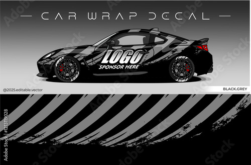 Car wrap design vector with black and white colour. Livery abstract decal template. Editable vector suitable for racing, rally or daily use