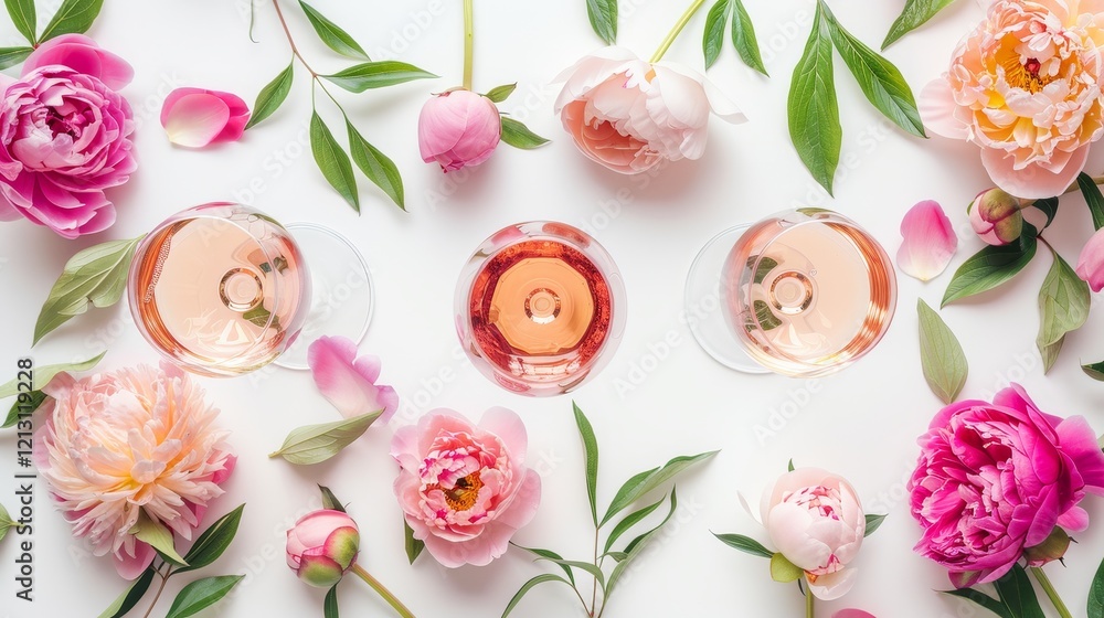 Flat-lay of rose wine in glasses and summer peony flowers over white background, Flat-lay of rose wine in glasses and summer peony flowers over white background,