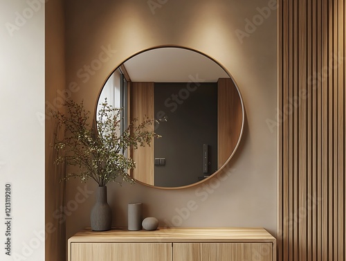 Scandinavian-inspired entryway featuring sleek wooden accents a round mirror and simple decor