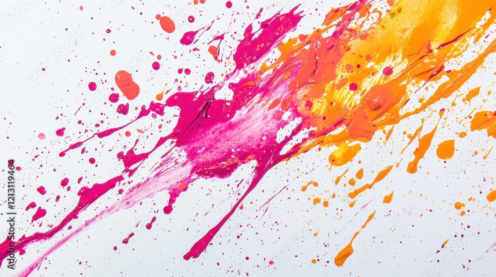 Bold pink and orange paint splatters dynamically extend across a white canvas, creating an energetic abstract artwork. The vibrant colors burst and flow, inviting creative interpretation Bold pink and orange paint splatters dynamically extend across a white canvas, creating an energetic abstract artwork. The vibrant colors burst and flow, inviting creative interpretation