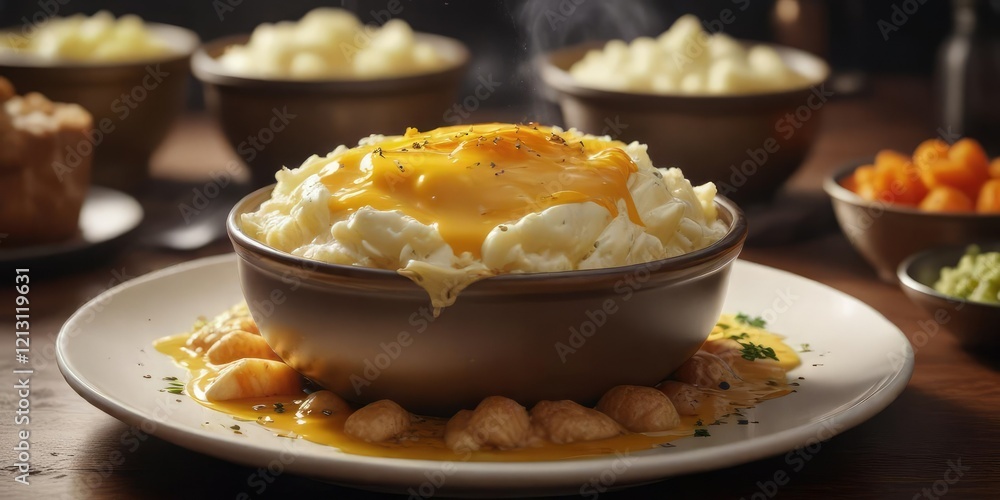 A steaming hot bowl of mashed potatoes with a golden, glistening gravy on top, plate, dinner, A steaming hot bowl of mashed potatoes with a golden, glistening gravy on top, plate, dinner,