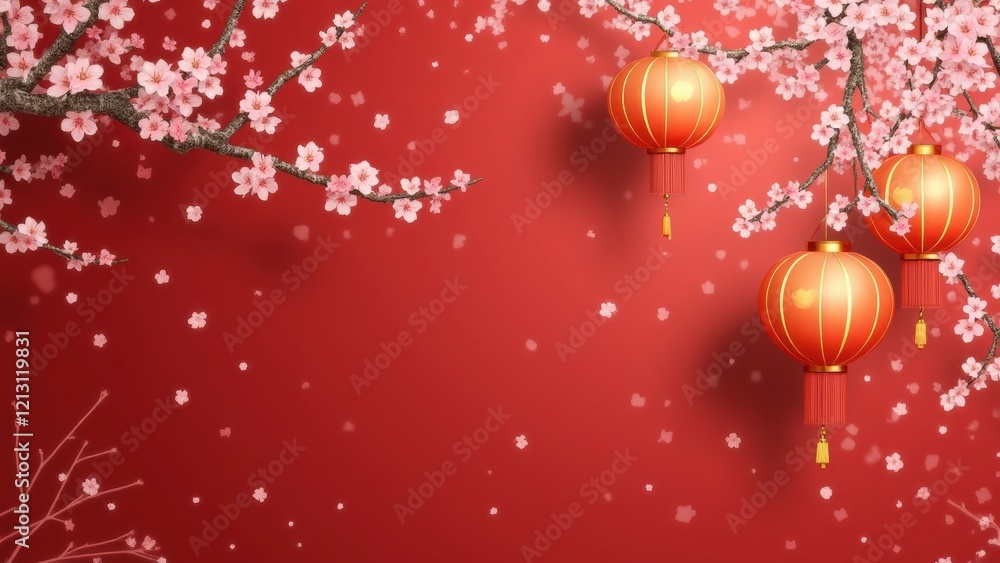Celebration of Chinese New Year With Sakura Branches and Vibrant Lanterns in a Festive Red Background Celebration of Chinese New Year With Sakura Branches and Vibrant Lanterns in a Festive Red Background