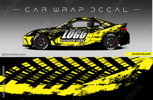 Car wrap design vector with black and yellow colour. Livery abstract decal template. Editable vector suitable for racing, rally or daily use