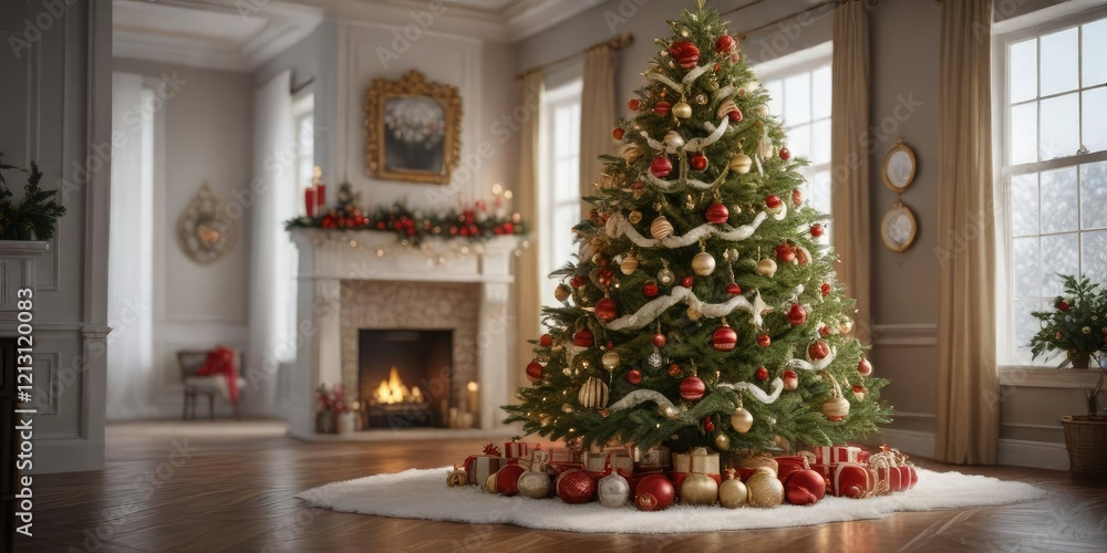 A stunning Christmas tree adorned with white, red, and gold ornaments , winter wonderland, ornamental, glowy A stunning Christmas tree adorned with white, red, and gold ornaments , winter wonderland, ornamental, glowy