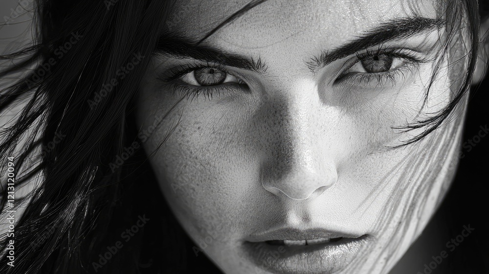 Woman's intense gaze, windswept hair, outdoor portrait, monochrome Woman's intense gaze, windswept hair, outdoor portrait, monochrome