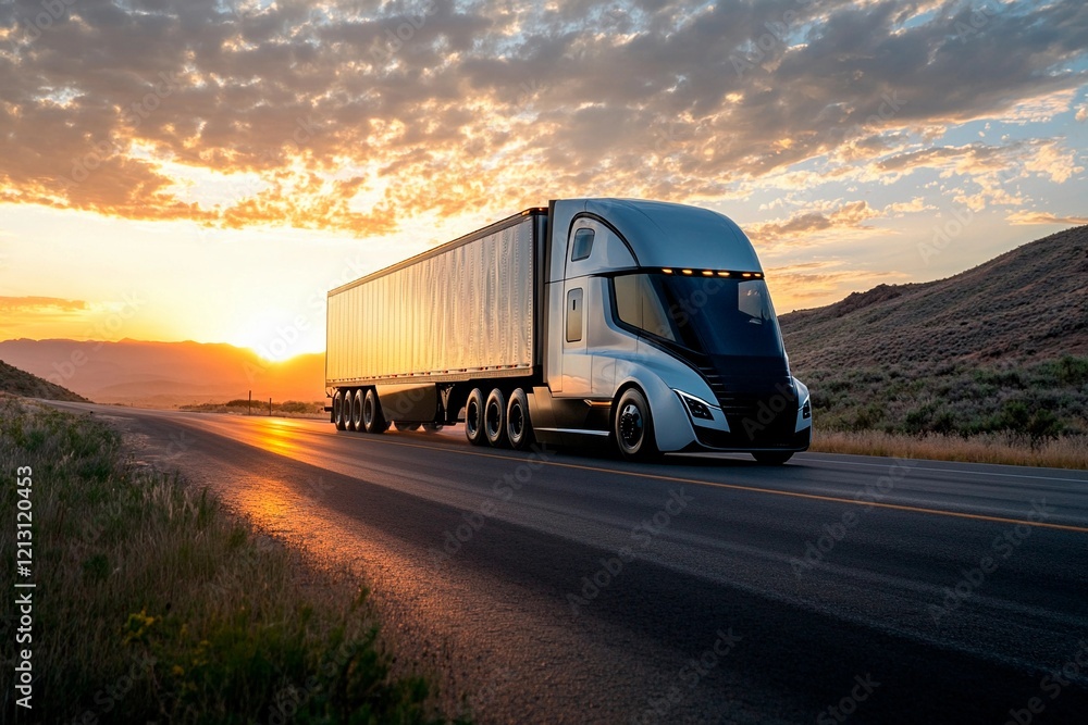 Obraz premium Modern truck travels along winding highway at sunset with mountains in the background