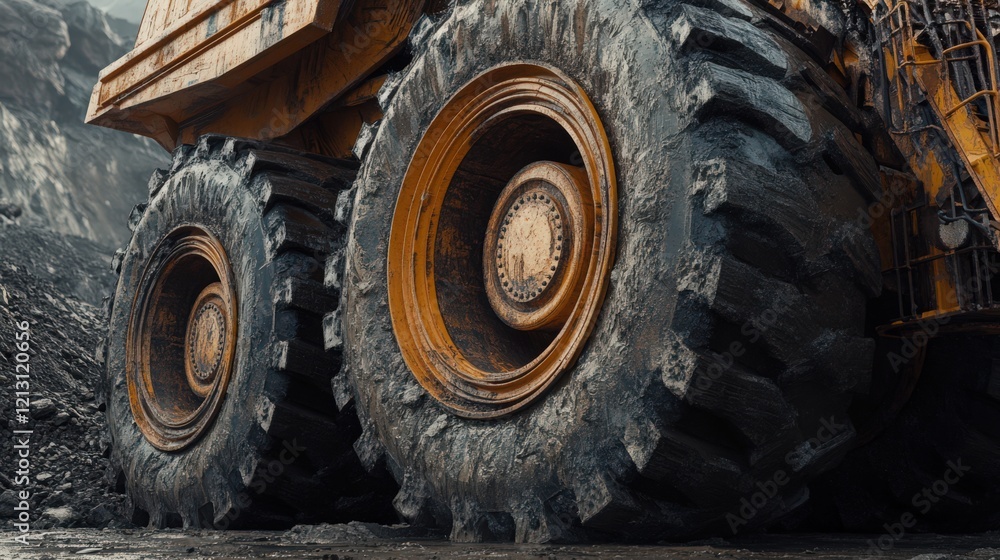 Close-up view of massive truck tires showing wear and tear from heavy industrial use Close-up view of massive truck tires showing wear and tear from heavy industrial use