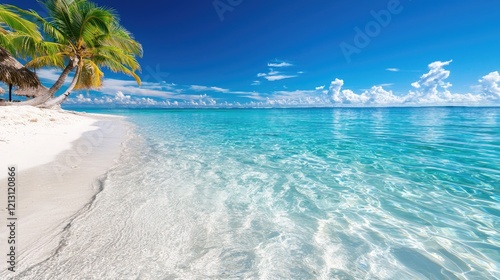 Tropical beach paradise clear water  palm trees  and white sand under a sunny sky  ideal for travel brochures