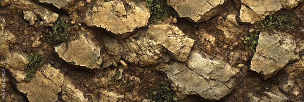 Fototapeta premium Rocky terrain landscape with exposed stones and green vegetation