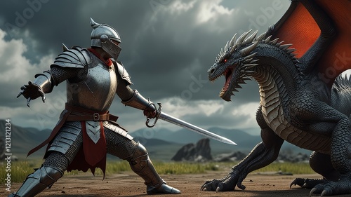 knight fighting with dragon, dragon versus man, 3D render