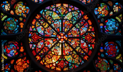 an image of a stained glass window with a circular window in the middle of the window  showing the colors of the stained glass  