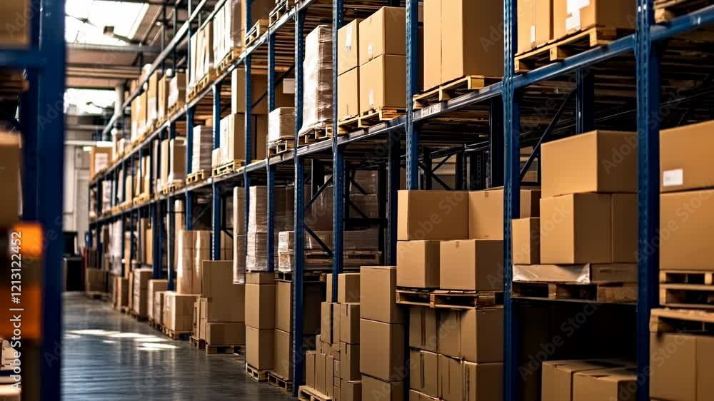 Large warehouse interior with rows of shelves stocked with cardboard ...