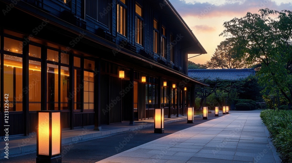 Soft amber lights illuminate a pathway beside a wooden structure during dusk. The tranquil atmosphere and lush greenery create a peaceful retreat in a scenic location Soft amber lights illuminate a pathway beside a wooden structure during dusk. The tranquil atmosphere and lush greenery create a peaceful retreat in a scenic location