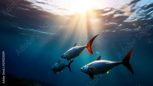 Majestic Tuna Trio: Underwater Ballet in Sunlit Depths