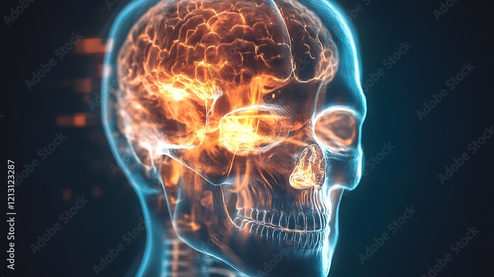 Detailed anatomical features of a transparent 3D human skull glowing on a dark background Detailed anatomical features of a transparent 3D human skull glowing on a dark background