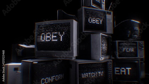 A stack of old TV’s displaying subliminal messages and signal noise.