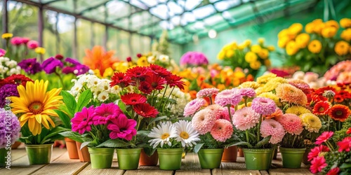 A vibrant and colorful array of flowers in a greenhouse against a bright green background, flowers, botany, horticulture